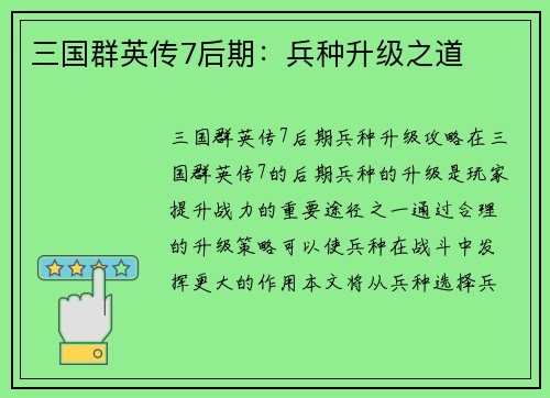 三国群英传7后期：兵种升级之道